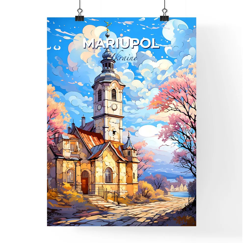 Mariupol, Ukraine, A Poster of a church with a tower and trees Default Title