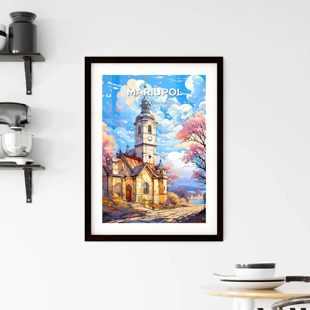 Mariupol, Ukraine, A Poster of a church with a tower and trees Default Title