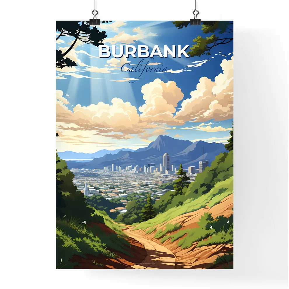 Burbank, California, A Poster of a landscape of a city with trees and mountains Default Title
