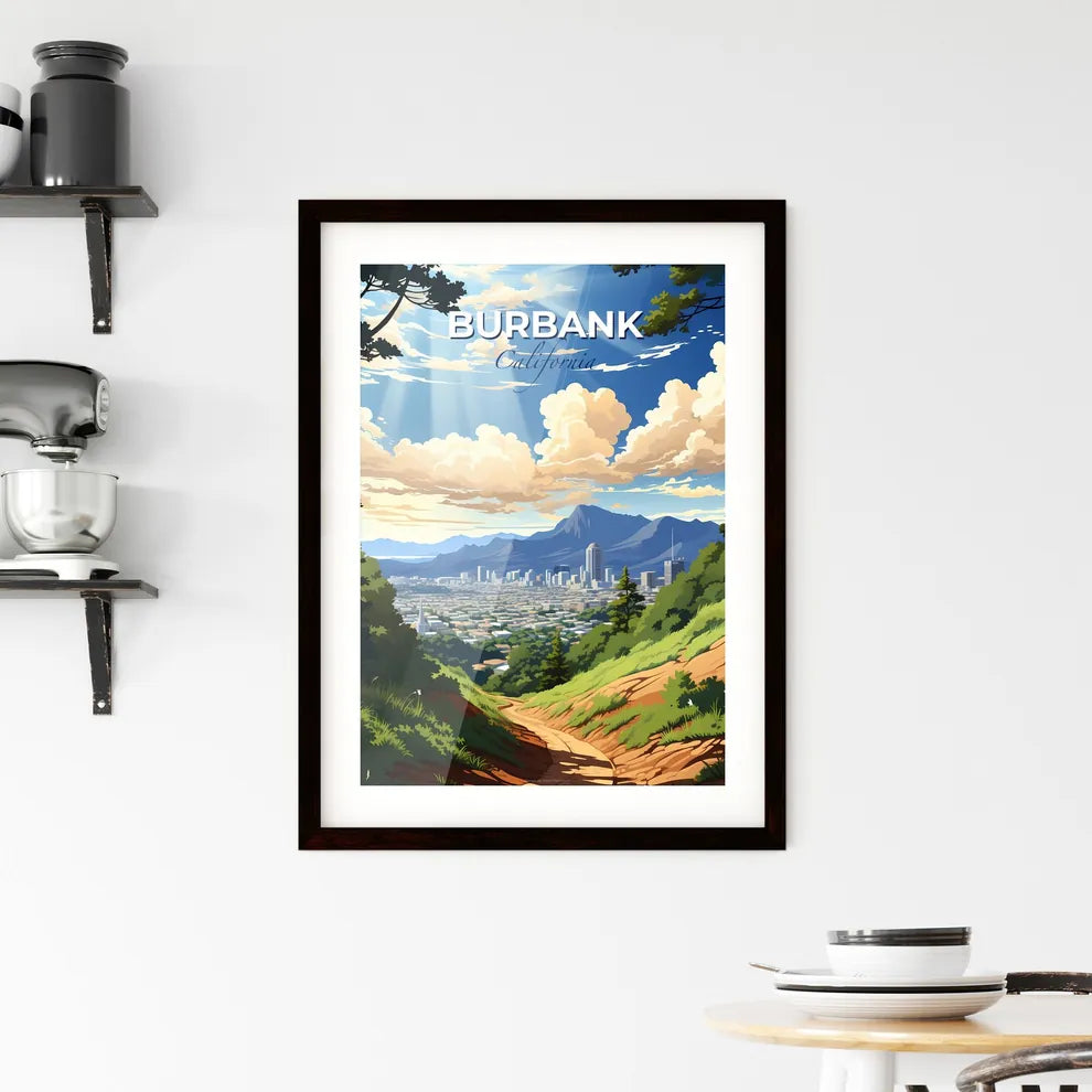 Burbank, California, A Poster of a landscape of a city with trees and mountains Default Title