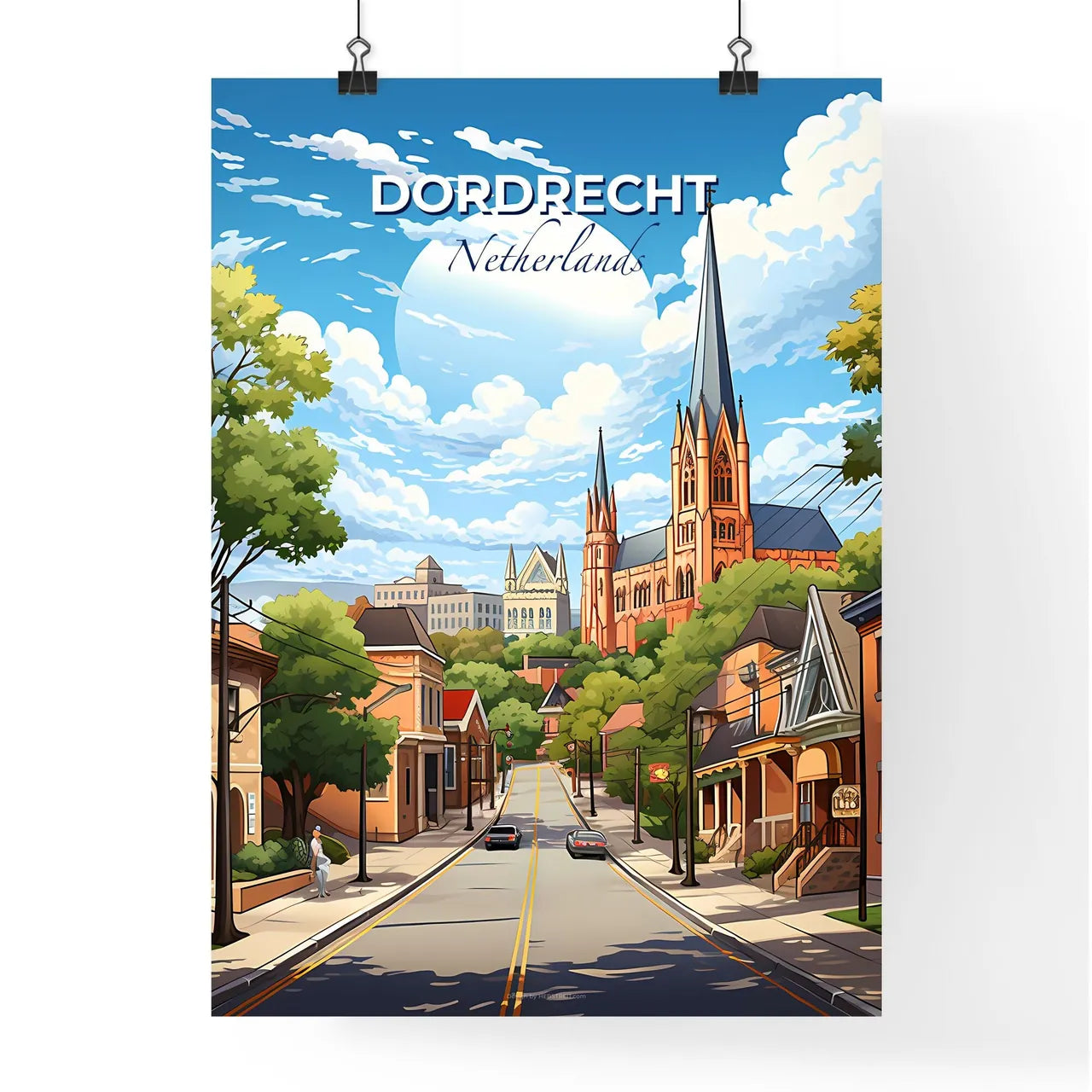 Dordrecht, Netherlands, A Poster of a street with a church and buildings Default Title