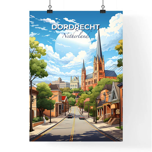 Dordrecht, Netherlands, A Poster of a street with a church and buildings Default Title