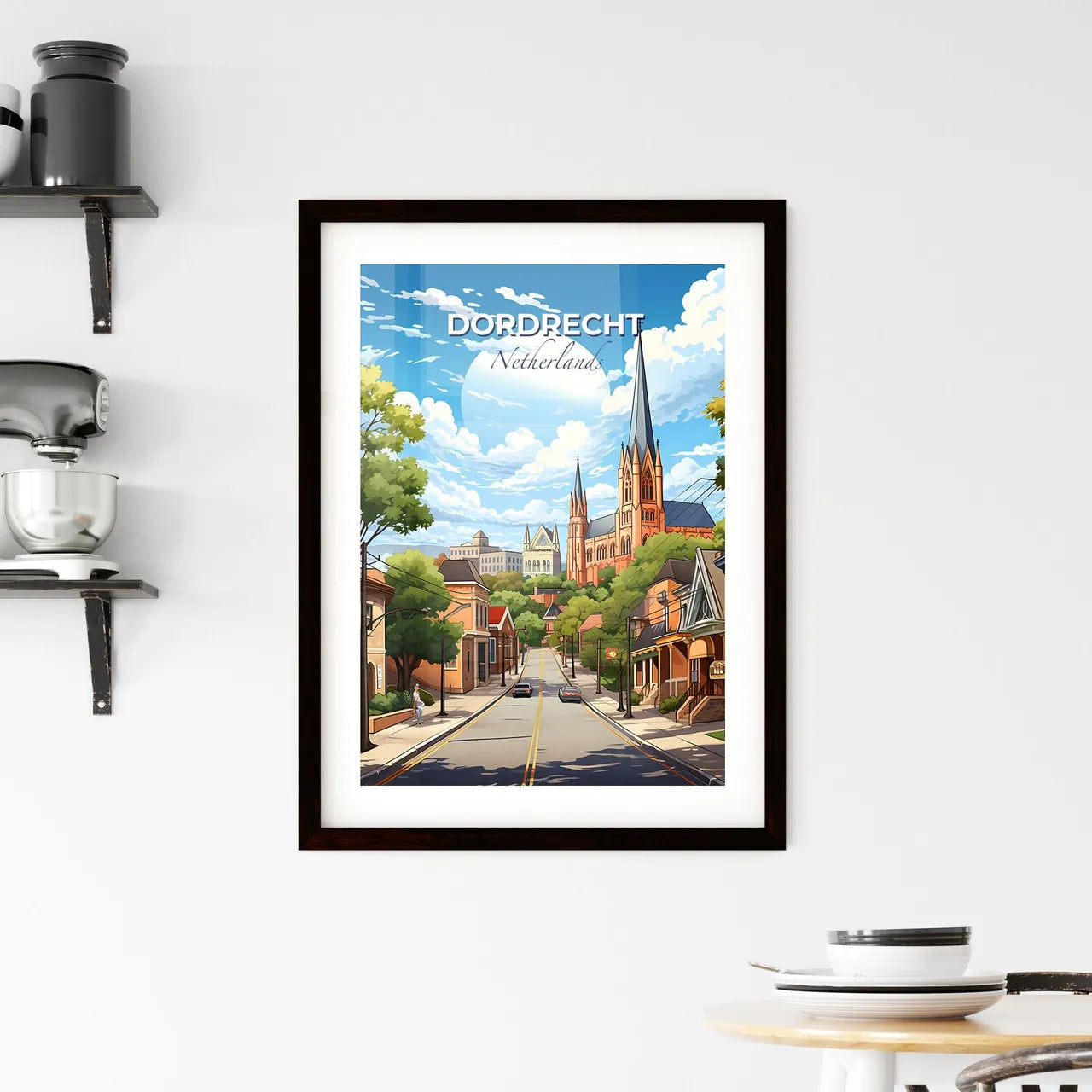 Dordrecht, Netherlands, A Poster of a street with a church and buildings Default Title