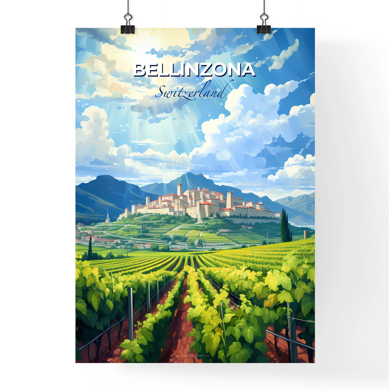 Bellinzona, Switzerland, A Poster of a landscape of a farm with a castle and mountains Default Title
