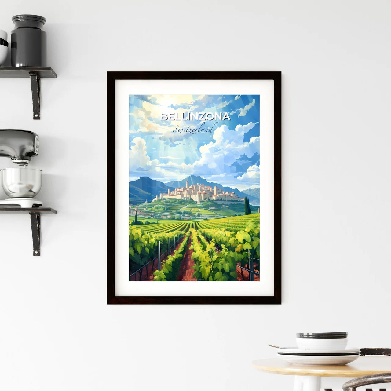 Bellinzona, Switzerland, A Poster of a landscape of a farm with a castle and mountains Default Title