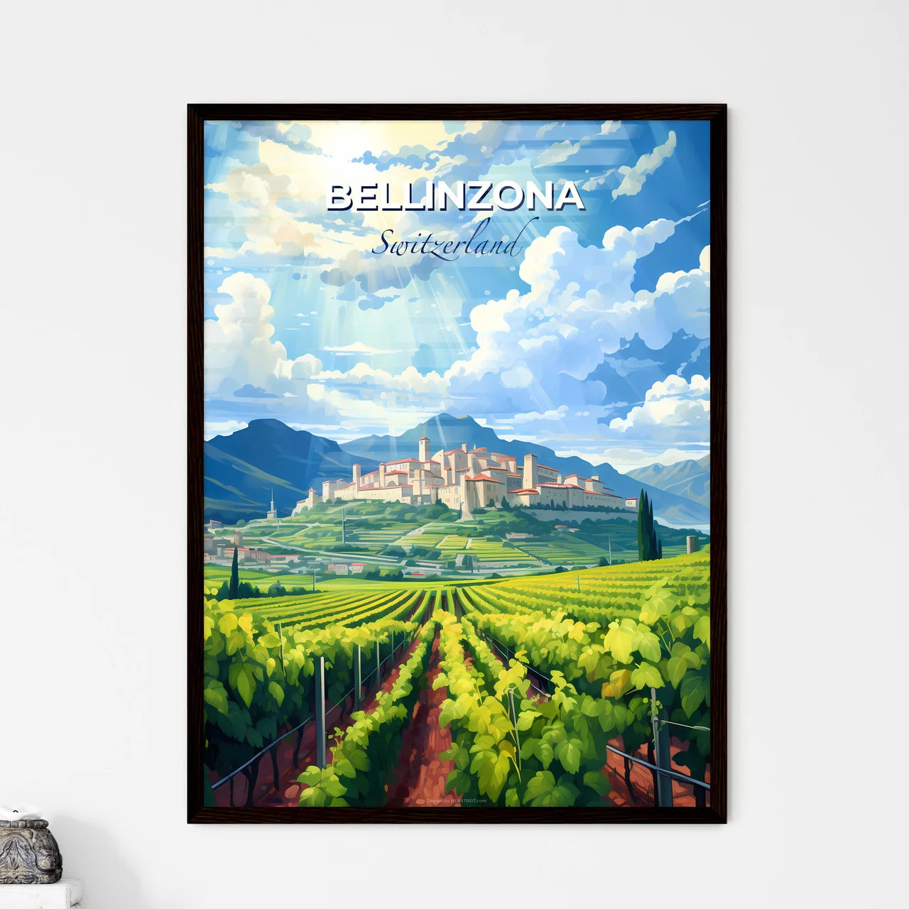 Bellinzona, Switzerland, A Poster of a landscape of a farm with a castle and mountains Default Title