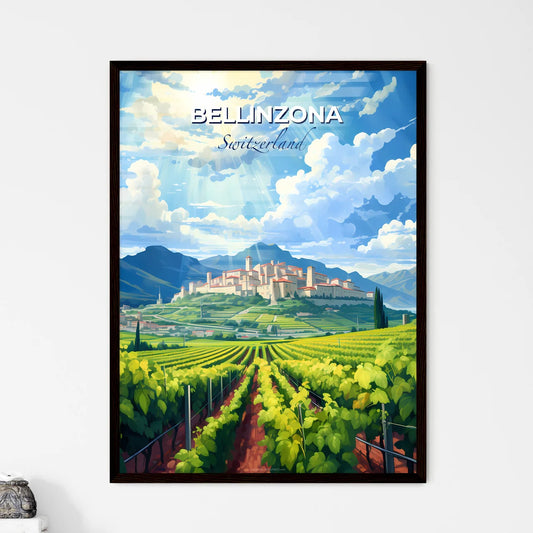 Bellinzona, Switzerland, A Poster of a landscape of a farm with a castle and mountains Default Title