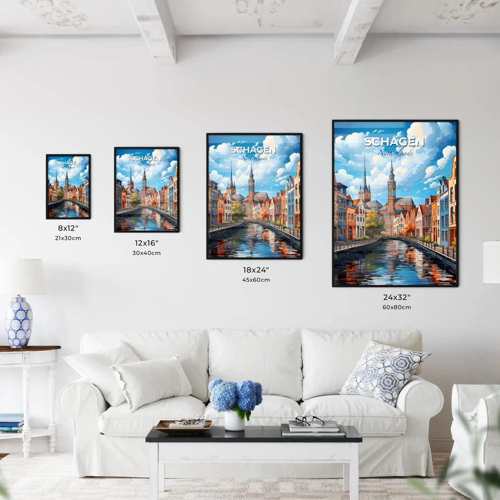 Schagen, Netherlands, A Poster of a water canal with buildings and a clock tower Default Title