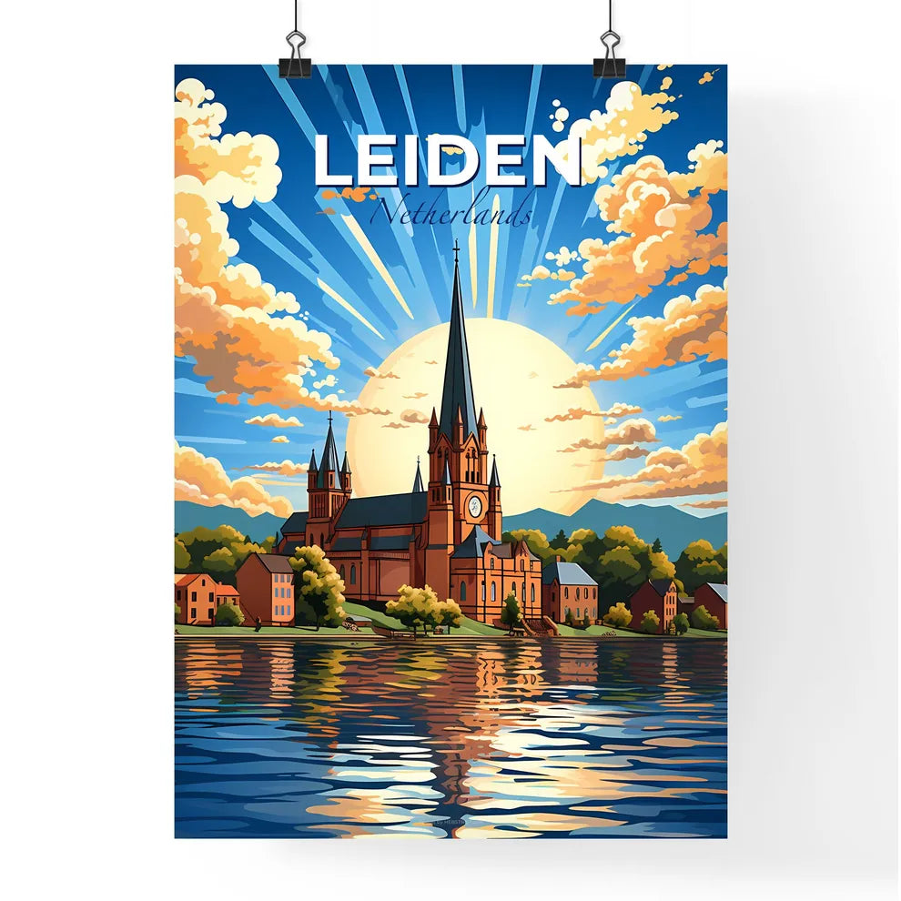 Leiden, Netherlands, A Poster of a church with a clock tower and trees and a lake with sun rays Default Title