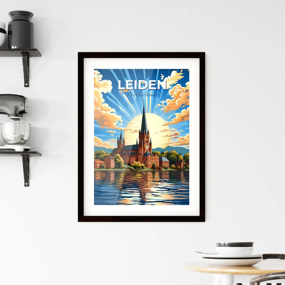 Leiden, Netherlands, A Poster of a church with a clock tower and trees and a lake with sun rays Default Title