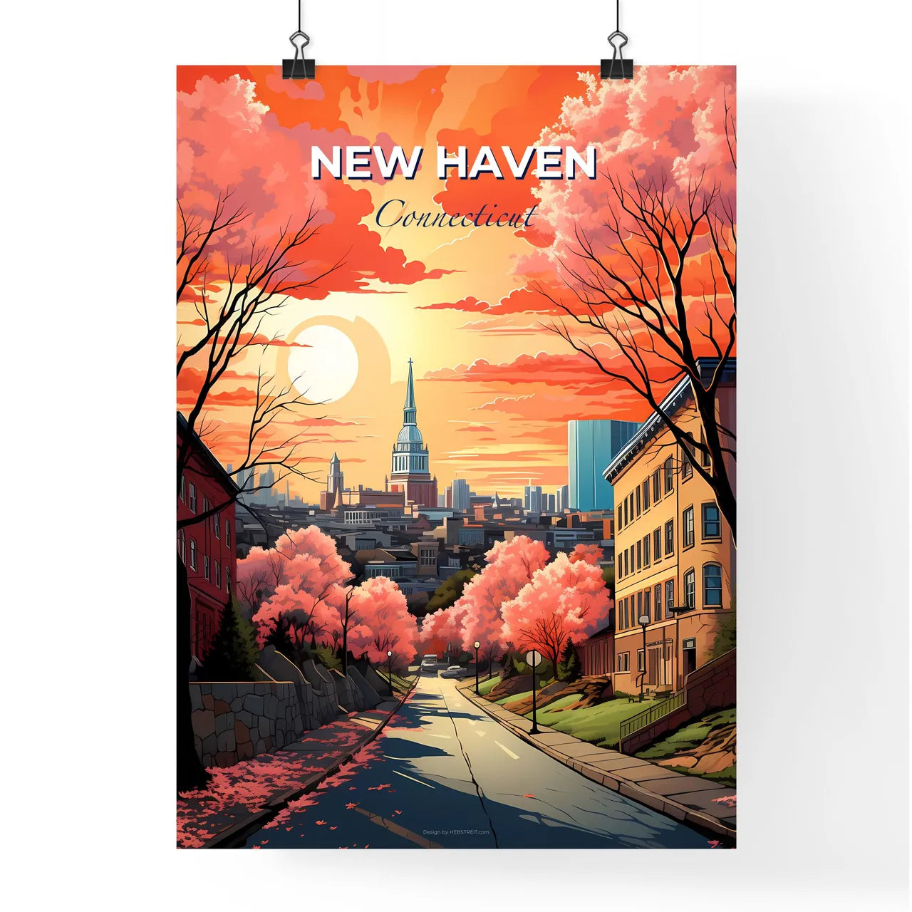 New Haven, Connecticut, A Poster of a road with trees and buildings in the background Default Title