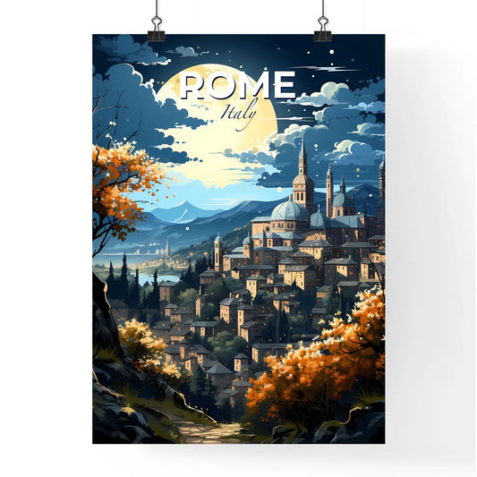 Rome, Italy, A Poster of a city with towers and trees and mountains in the background Default Title