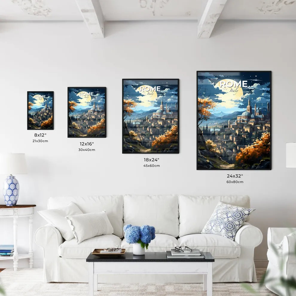 Rome, Italy, A Poster of a city with towers and trees and mountains in the background Default Title