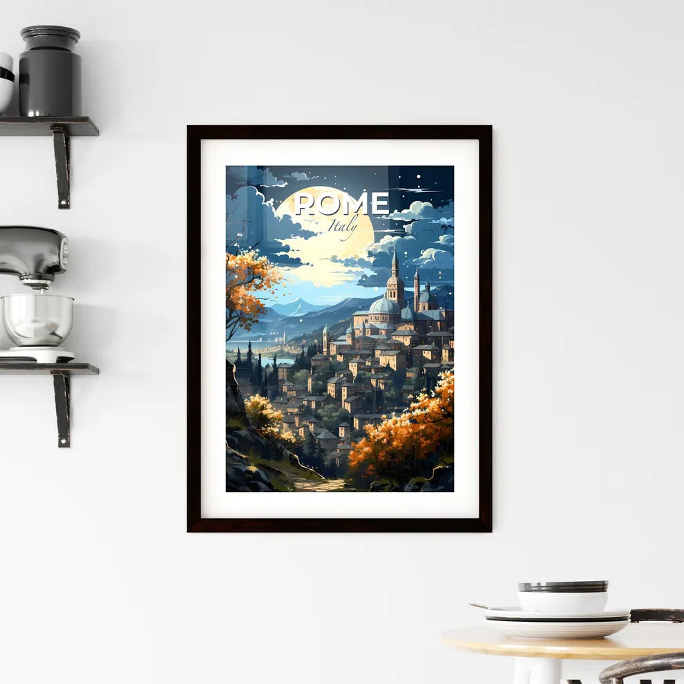 Rome, Italy, A Poster of a city with towers and trees and mountains in the background Default Title