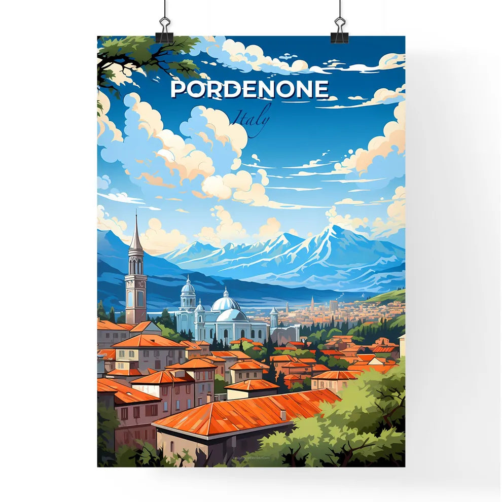 Pordenone, Italy, A Poster of a city with red roofs and mountains in the background Default Title