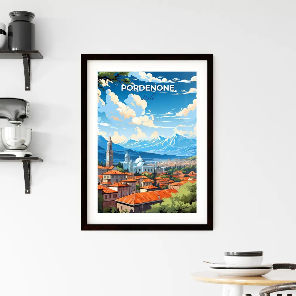 Pordenone, Italy, A Poster of a city with red roofs and mountains in the background Default Title