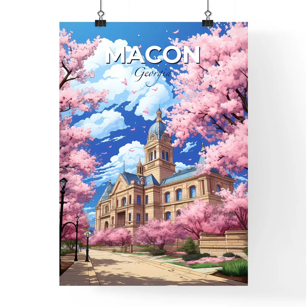 Macon, Georgia, A Poster of a building with a tower and a walkway with pink trees Default Title