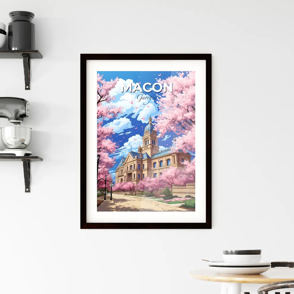Macon, Georgia, A Poster of a building with a tower and a walkway with pink trees Default Title