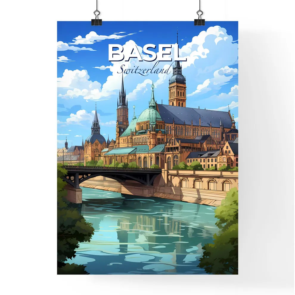 Basel, Switzerland, A Poster of a large building with towers and a bridge over a river Default Title
