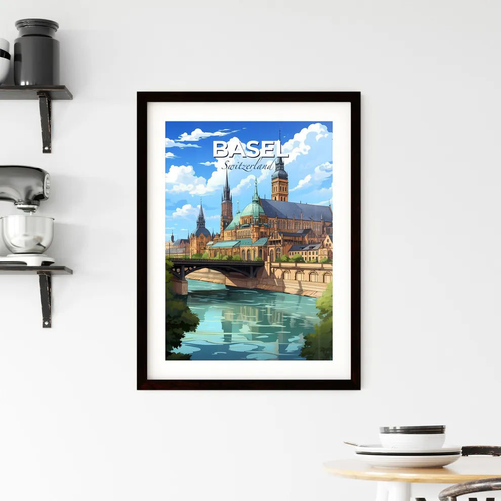 Basel, Switzerland, A Poster of a large building with towers and a bridge over a river Default Title