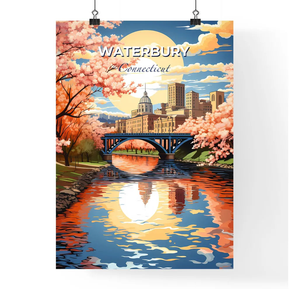 Waterbury, Connecticut, A Poster of a bridge over a river with pink flowers Default Title