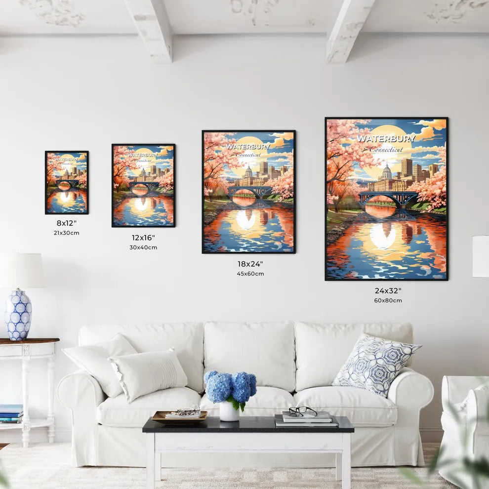 Waterbury, Connecticut, A Poster of a bridge over a river with pink flowers Default Title