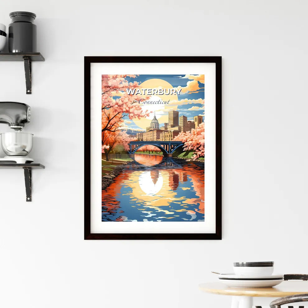 Waterbury, Connecticut, A Poster of a bridge over a river with pink flowers Default Title