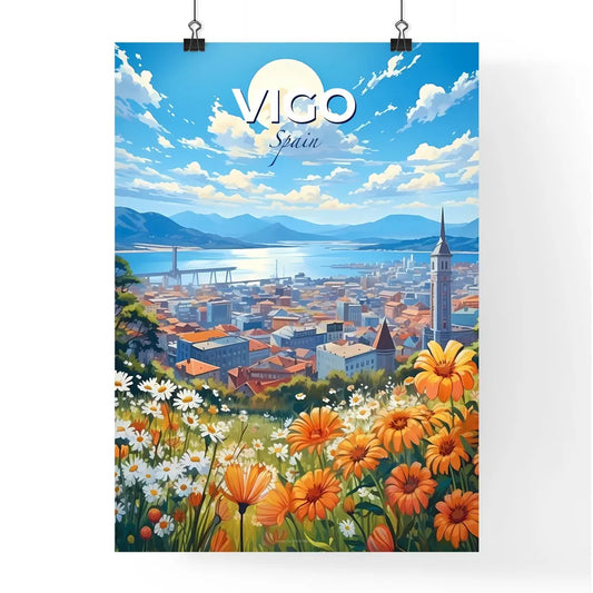 Vigo, Spain, A Poster of a view of a city with orange flowers and a bridge over water Default Title