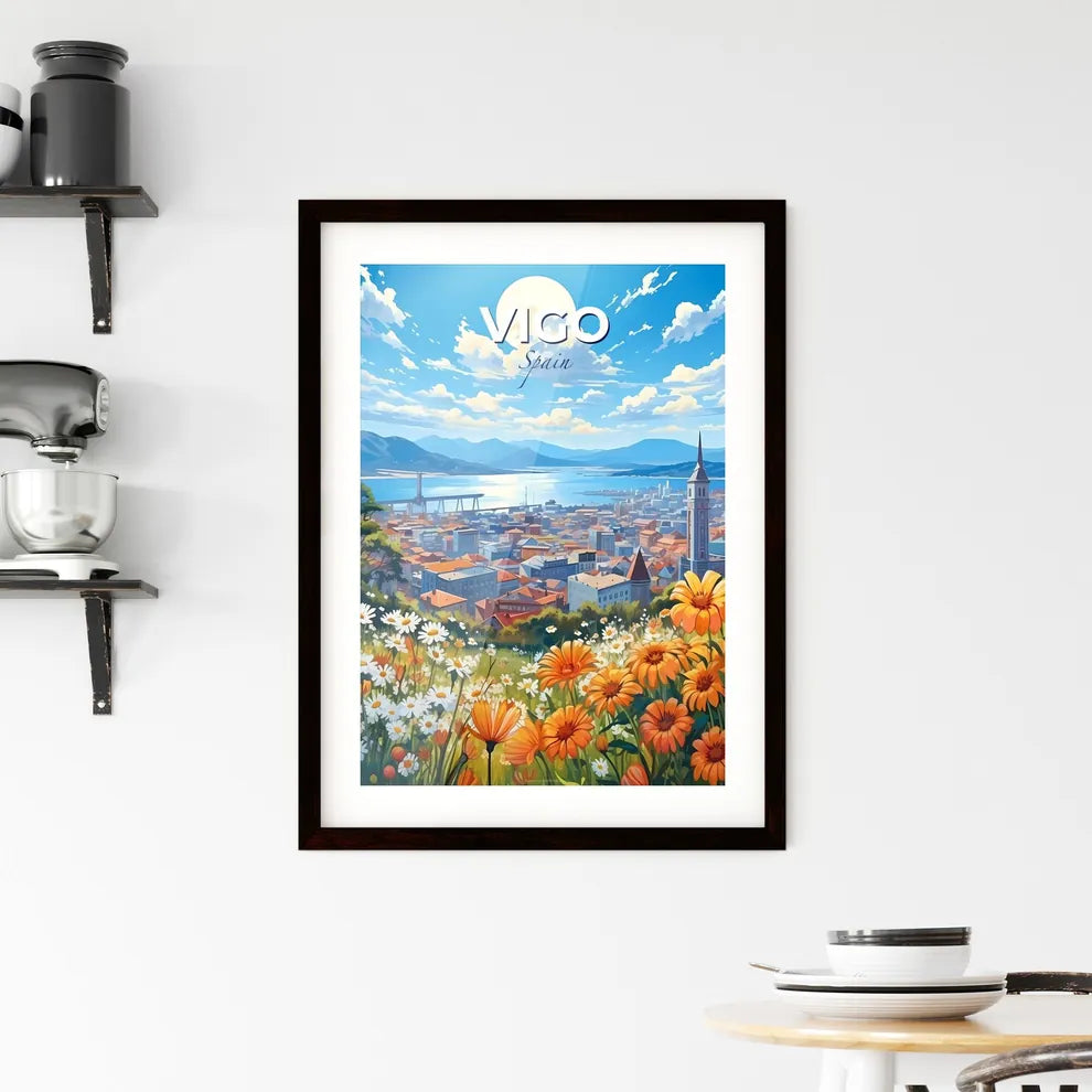 Vigo, Spain, A Poster of a view of a city with orange flowers and a bridge over water Default Title