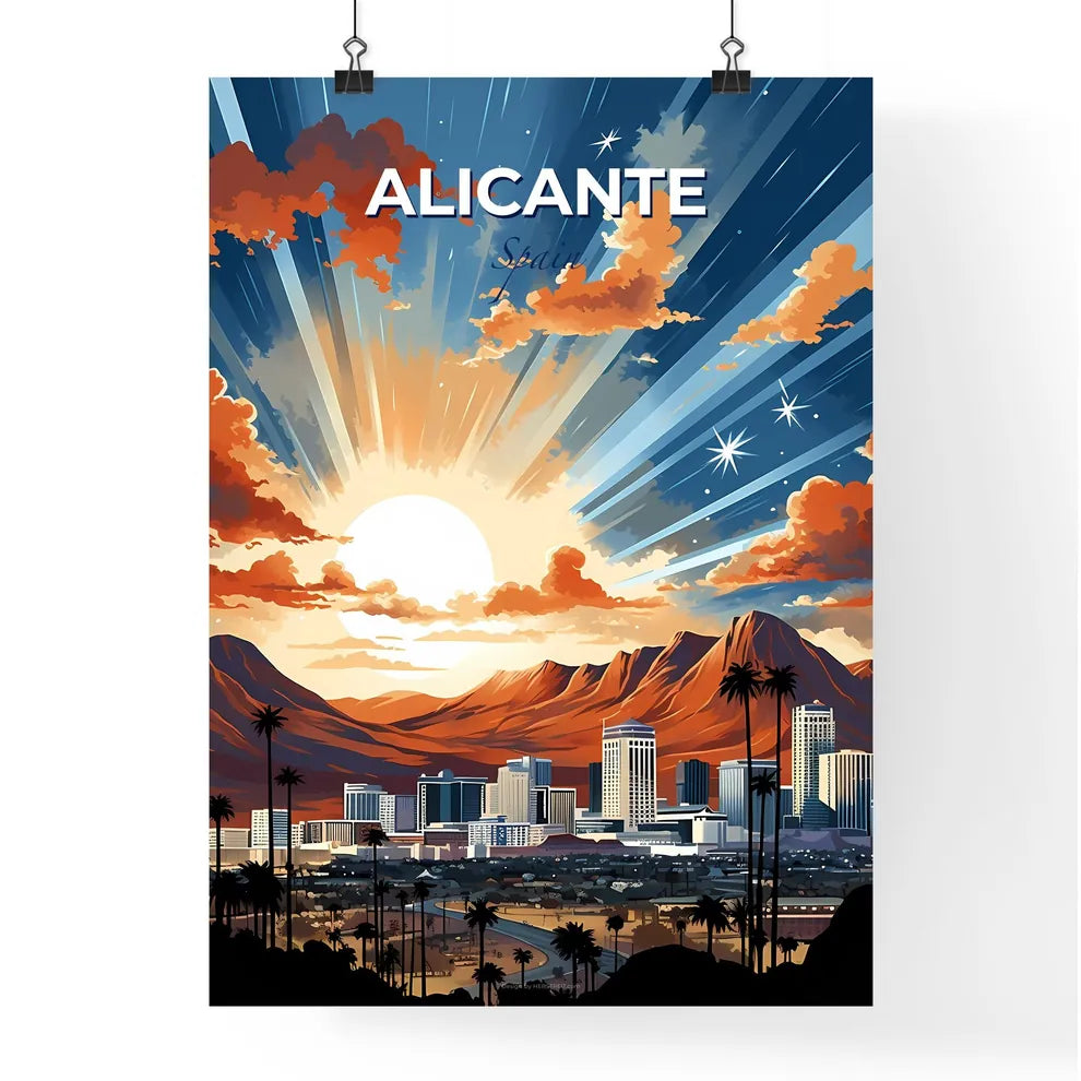 Alicante, Spain, A Poster of a sun shining through clouds over a city Default Title