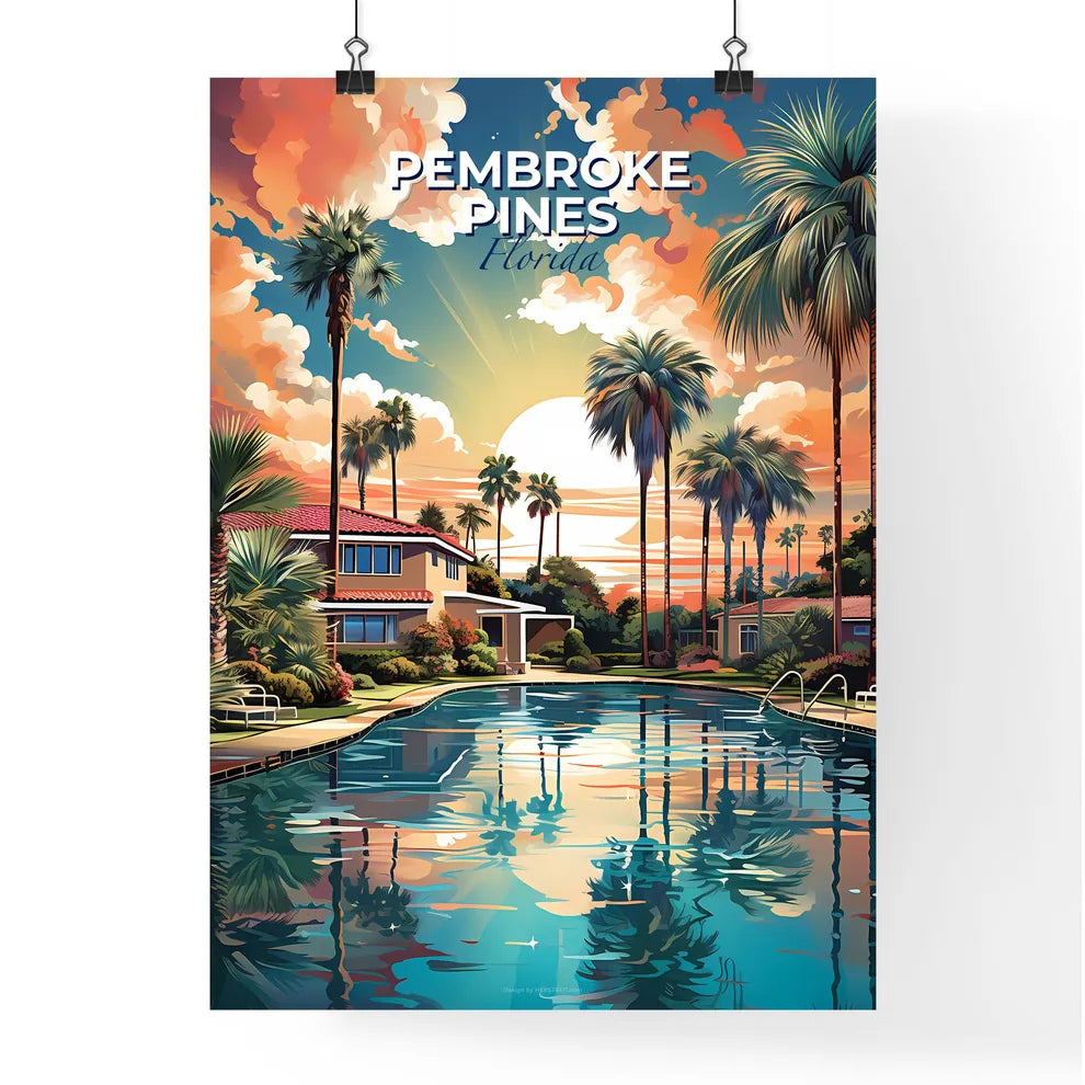 Pembroke Pines, Florida, A Poster of a pool with palm trees and a house with a red roof Default Title