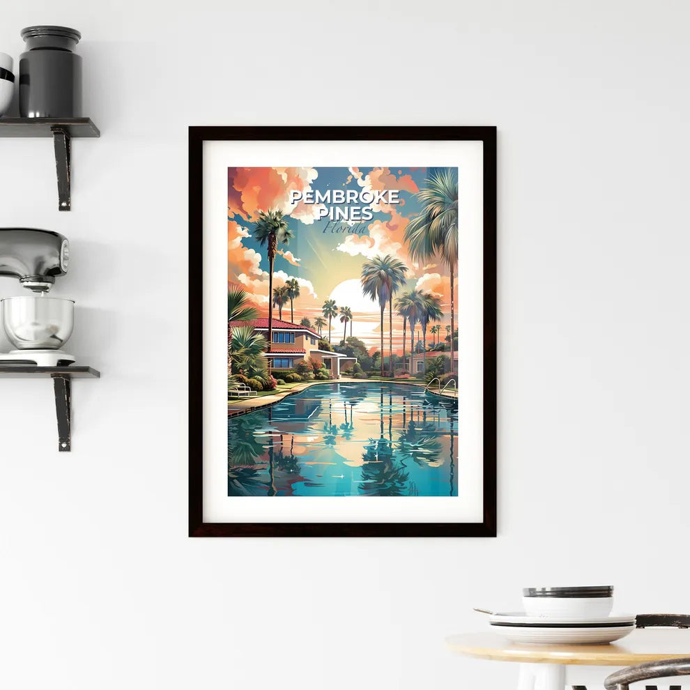 Pembroke Pines, Florida, A Poster of a pool with palm trees and a house with a red roof Default Title