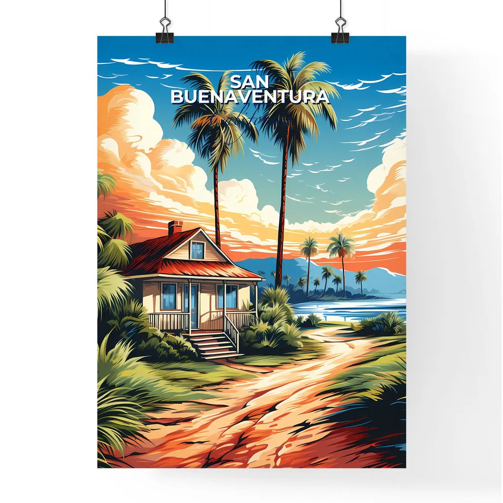 San Buenaventura, California, A Poster of a house on a beach with palm trees and a body of water Default Title