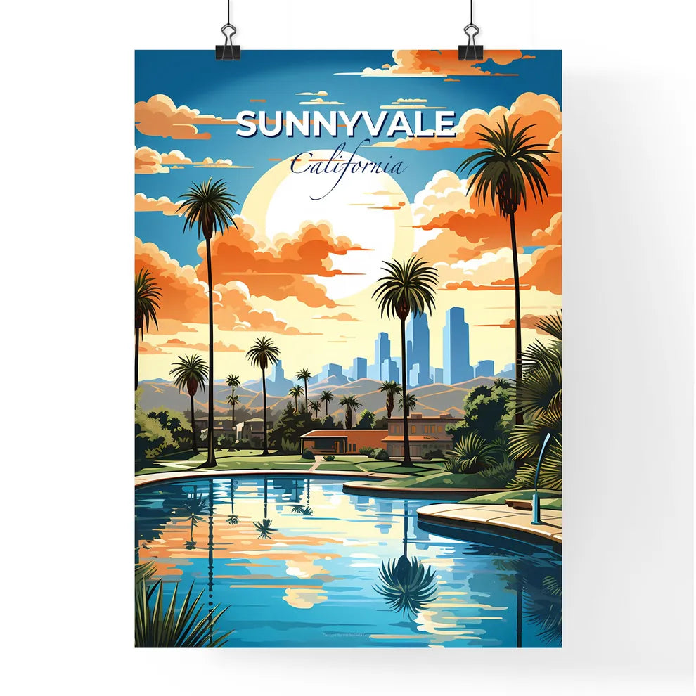 Sunnyvale, California, A Poster of a pool with palm trees and buildings in the background Default Title