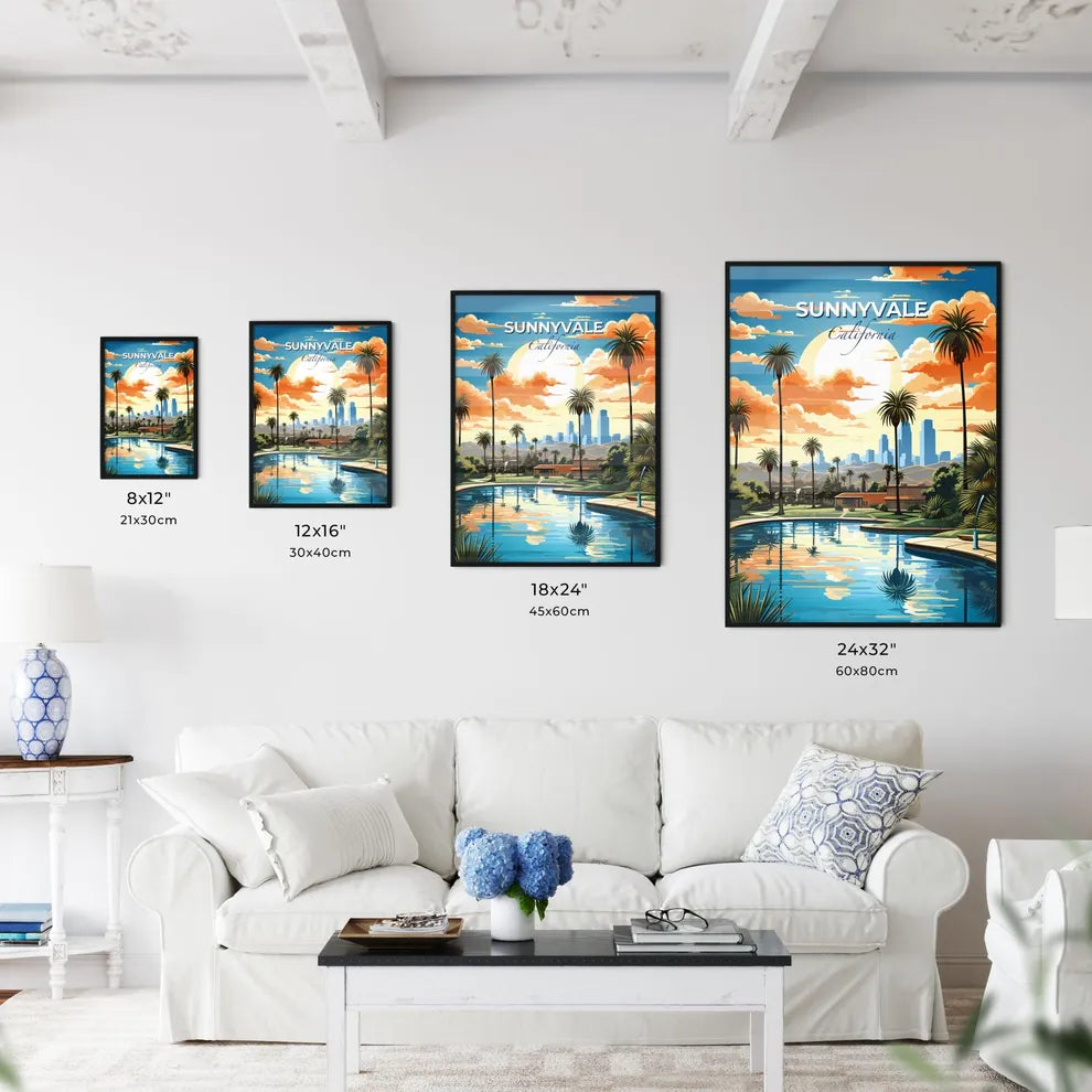 Sunnyvale, California, A Poster of a pool with palm trees and buildings in the background Default Title