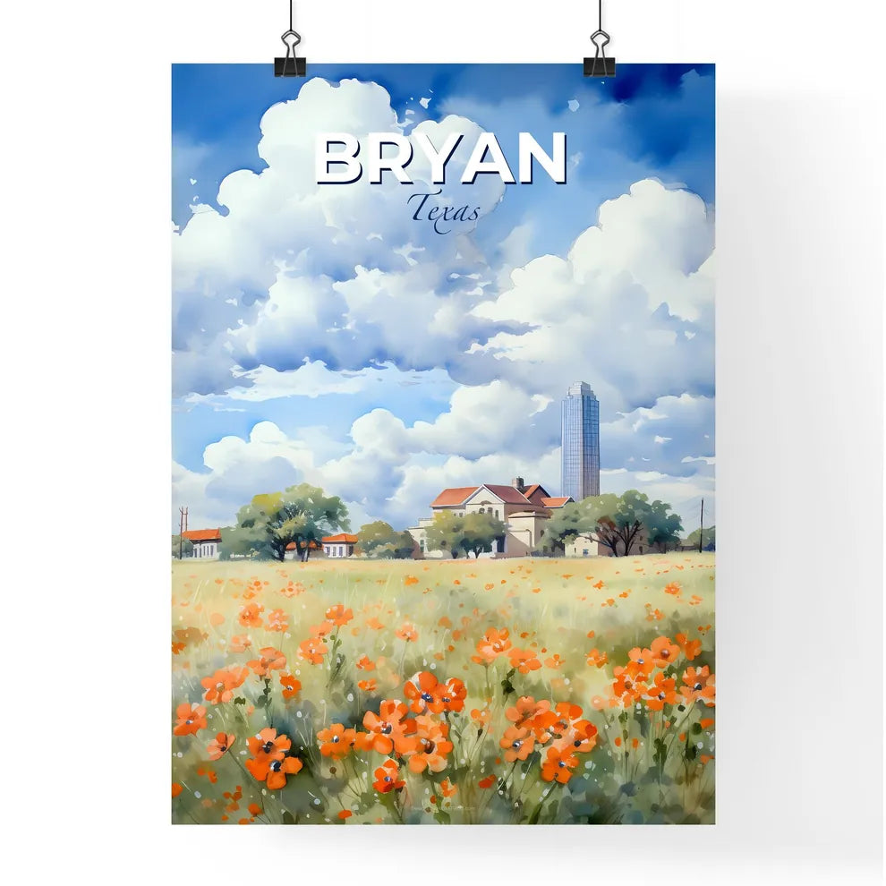 Bryan, Texas, A Poster of a field of flowers with buildings in the background Default Title