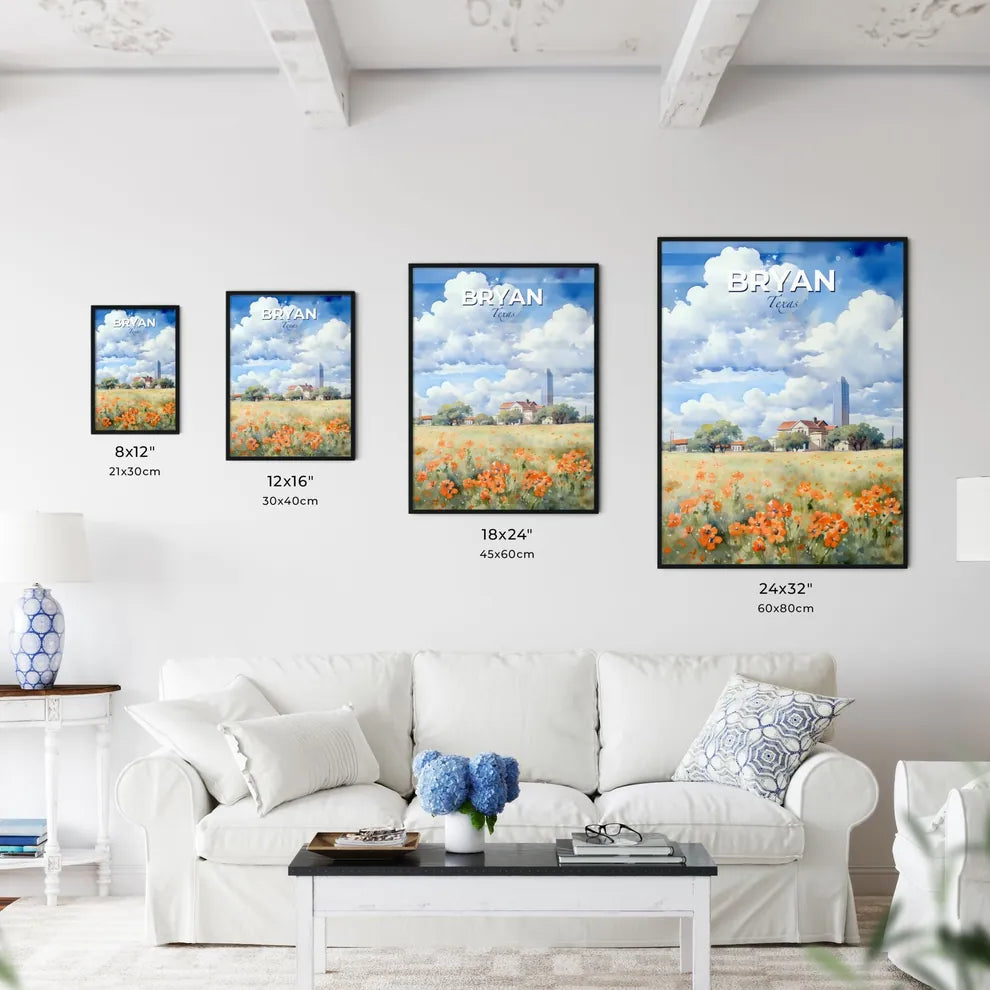 Bryan, Texas, A Poster of a field of flowers with buildings in the background Default Title