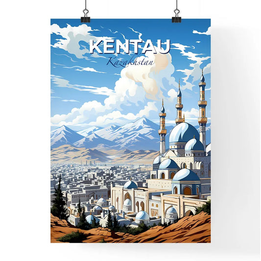 Kentau, Kazakhstan, A Poster of a city with a large building and mountains in the background Default Title