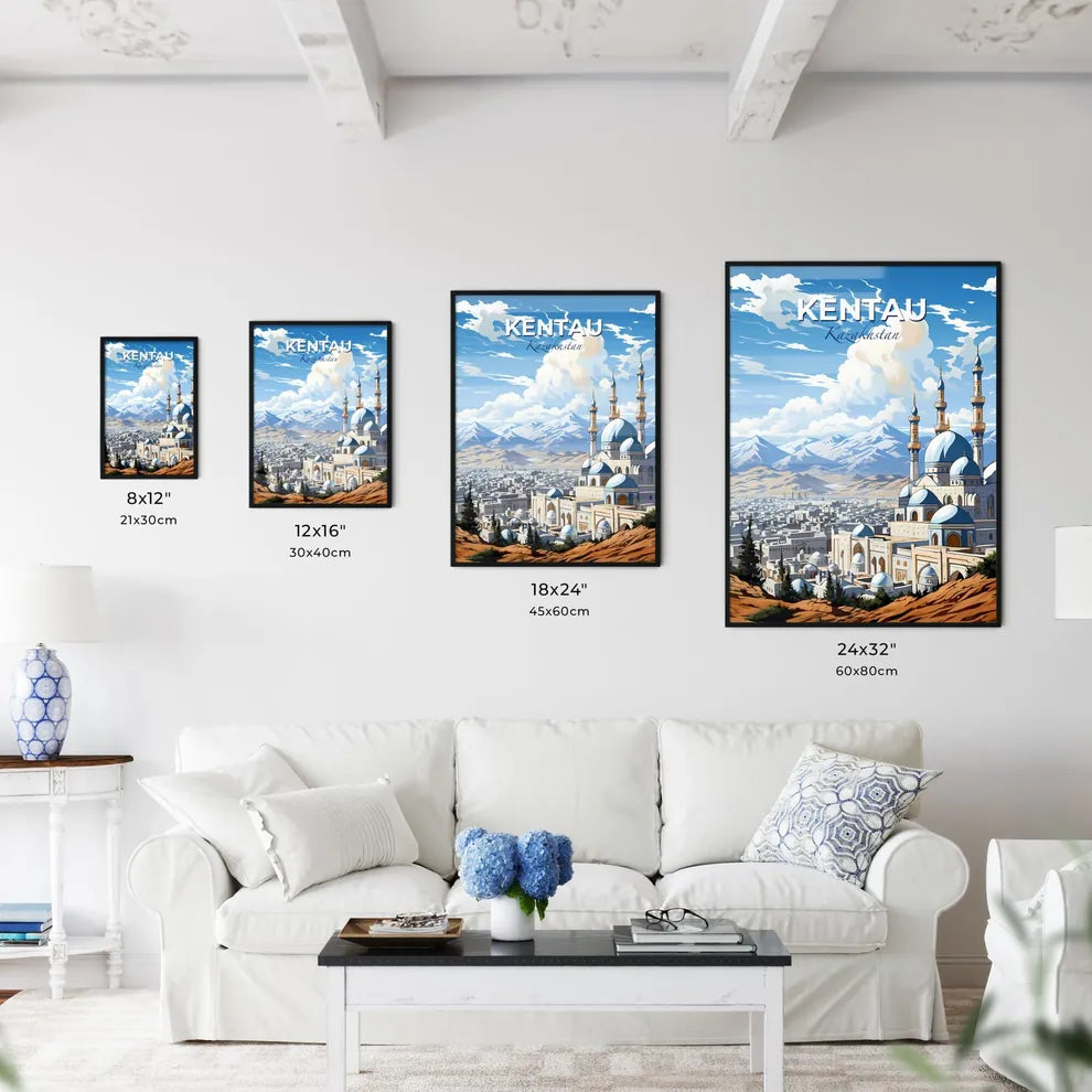 Kentau, Kazakhstan, A Poster of a city with a large building and mountains in the background Default Title