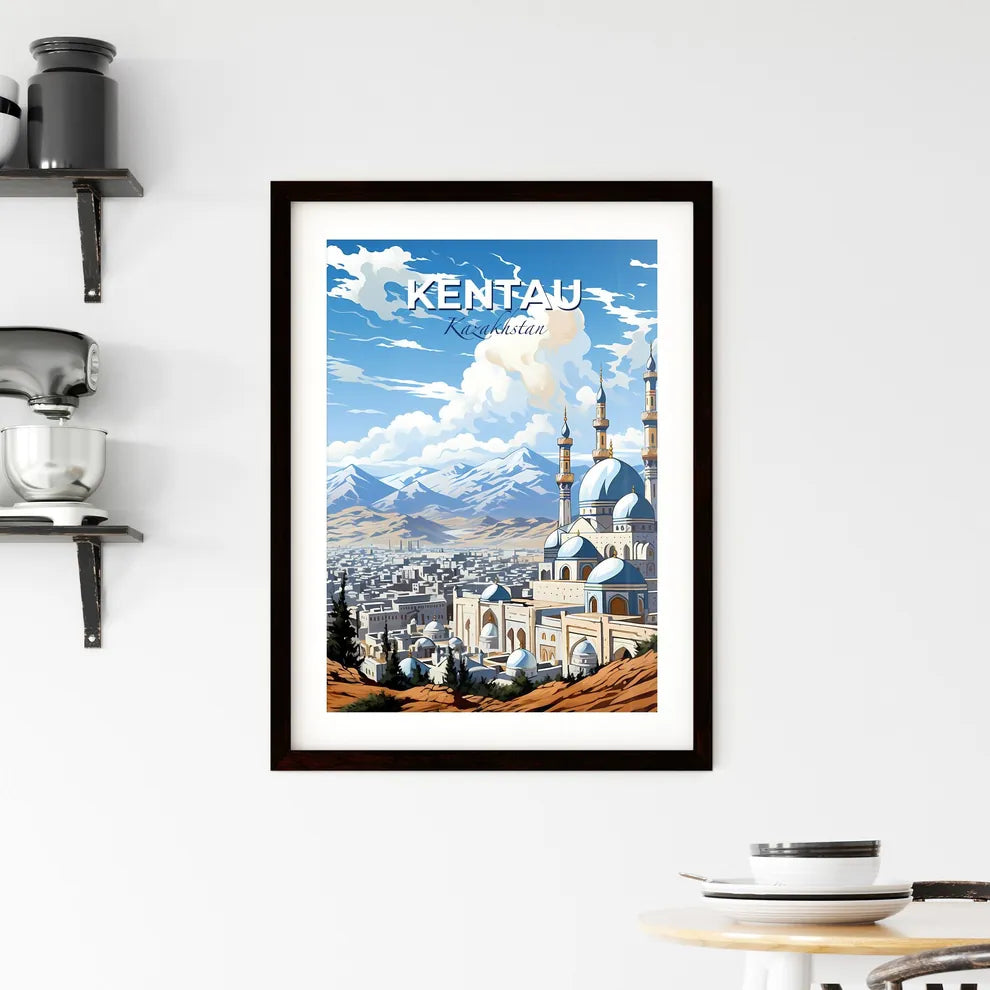 Kentau, Kazakhstan, A Poster of a city with a large building and mountains in the background Default Title