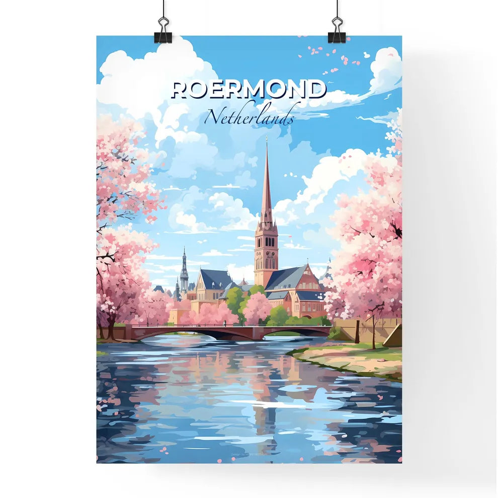 Roermond, Netherlands, A Poster of a river with a bridge and a church in the background Default Title