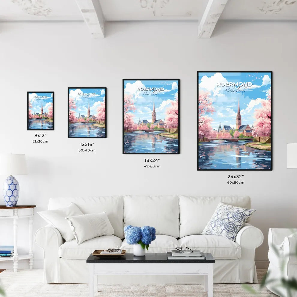 Roermond, Netherlands, A Poster of a river with a bridge and a church in the background Default Title