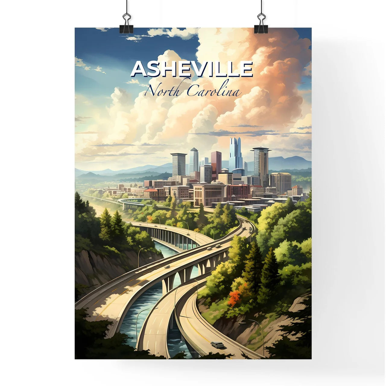 Asheville, North Carolina, A Poster of a city with a bridge and trees Default Title