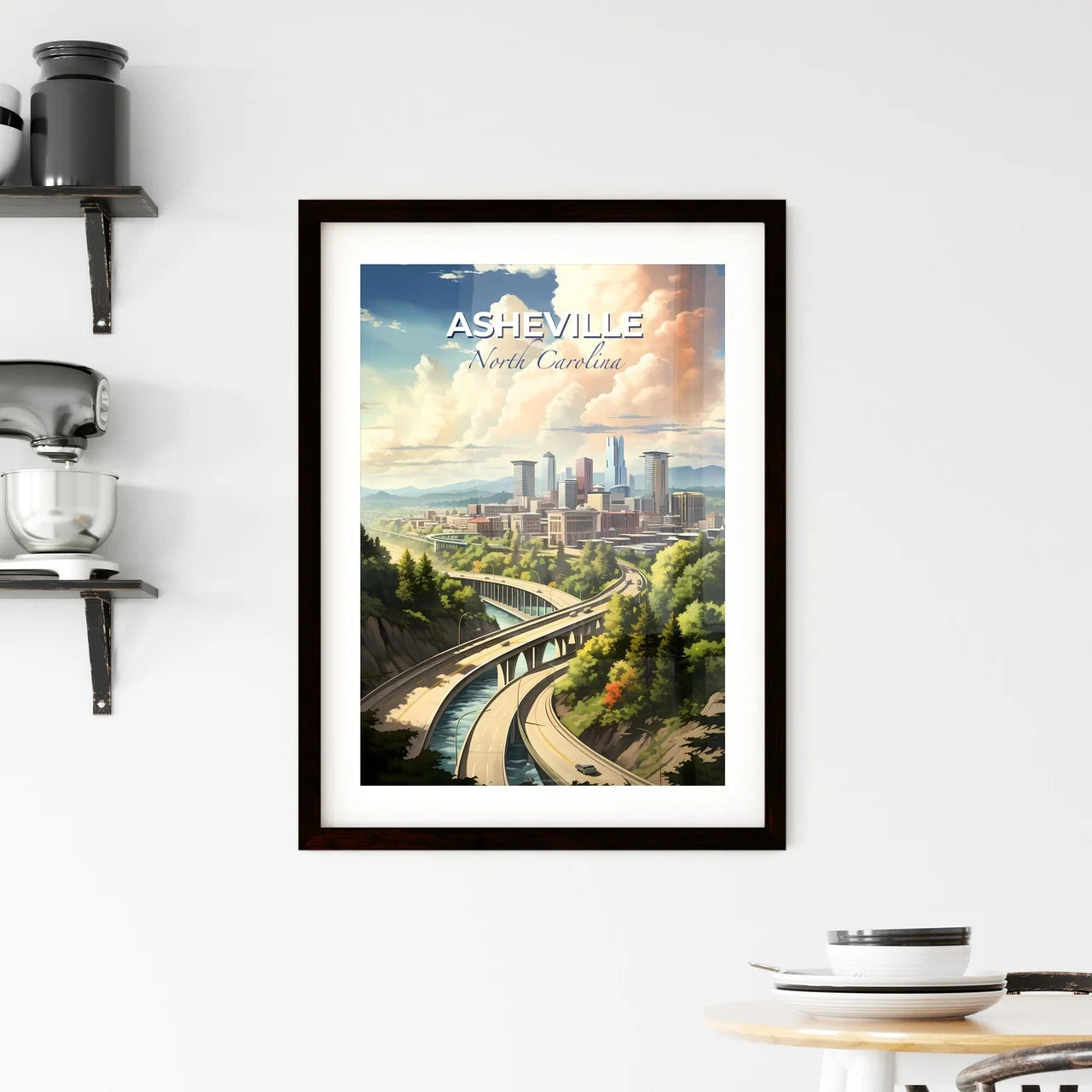 Asheville, North Carolina, A Poster of a city with a bridge and trees Default Title