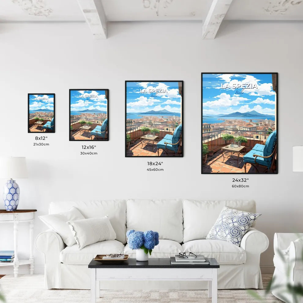 La Spezia, Italy, A Poster of a balcony with a view of a city and mountains Default Title