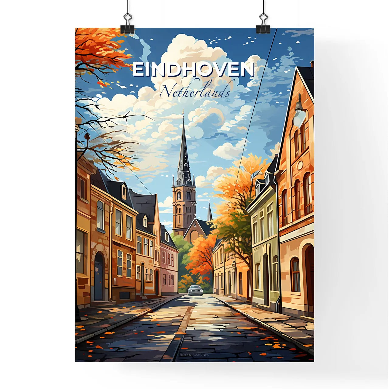 Eindhoven, Netherlands, A Poster of a street with buildings and a church tower Default Title