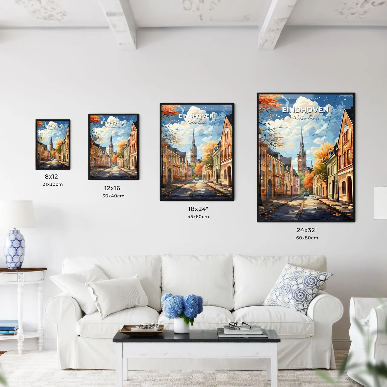 Eindhoven, Netherlands, A Poster of a street with buildings and a church tower Default Title