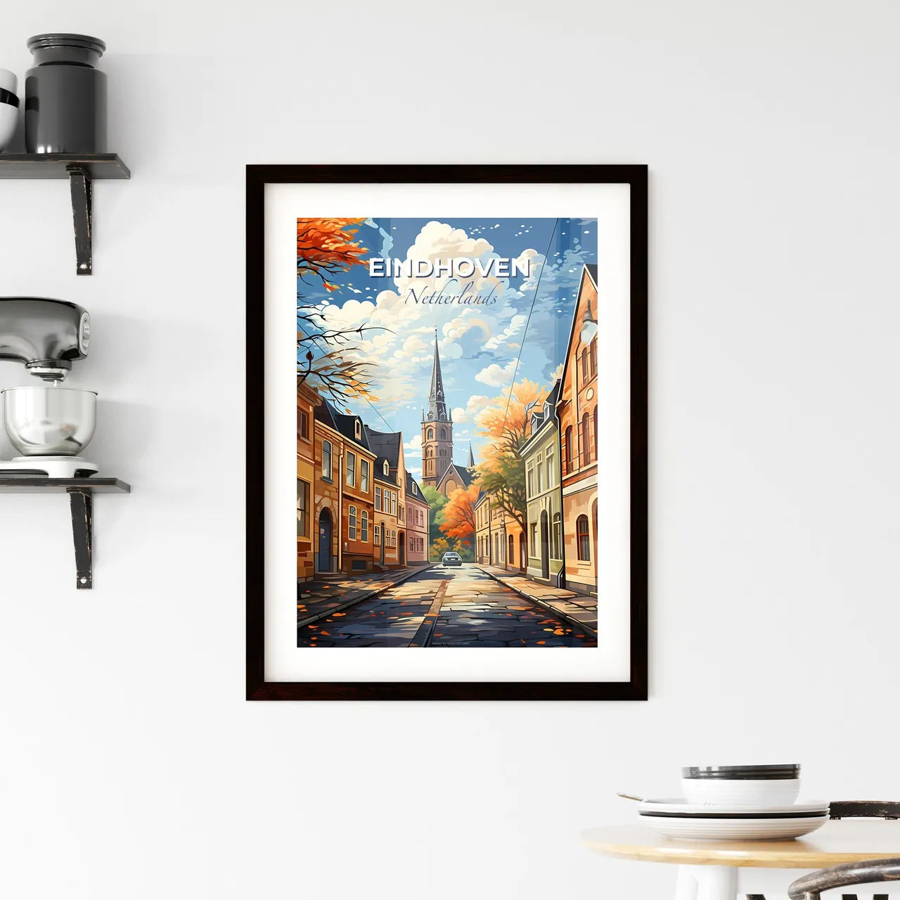 Eindhoven, Netherlands, A Poster of a street with buildings and a church tower Default Title