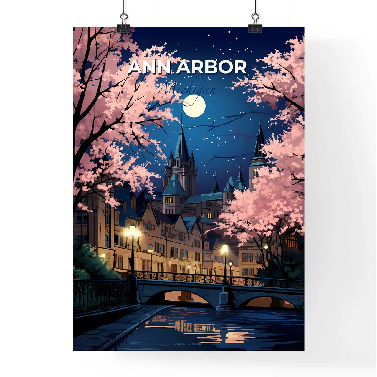 Ann Arbor, Michigan, A Poster of a bridge over a river with pink trees and a castle Default Title