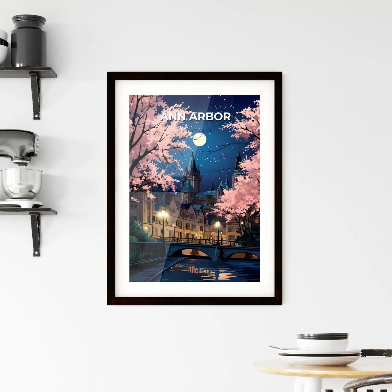 Ann Arbor, Michigan, A Poster of a bridge over a river with pink trees and a castle Default Title